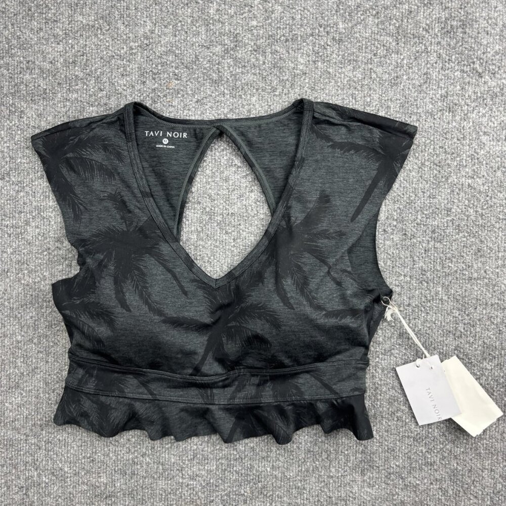 Tavi Noir Flutter Bra Womens XL Charcoal Palm Black Crop Top Ruffle Yoga NWT